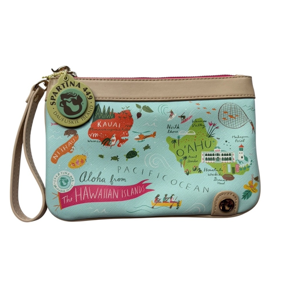 Spartina 449 Aqua Hawaiian Islands Print Wristlet with Tan Trim